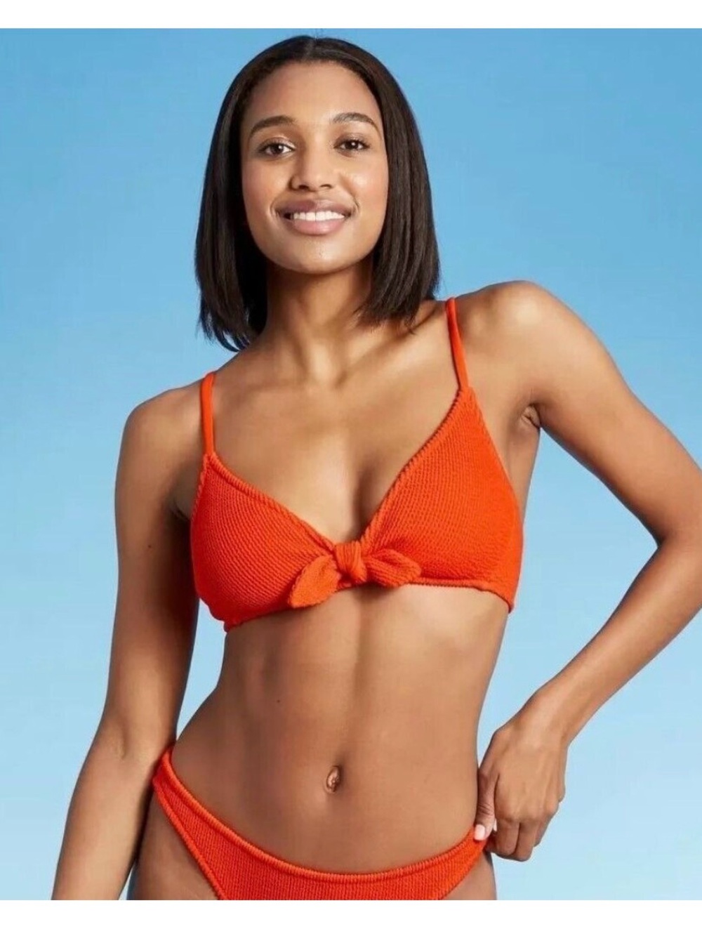 Kona Sol Red Textured Tie-Front Bikini Top